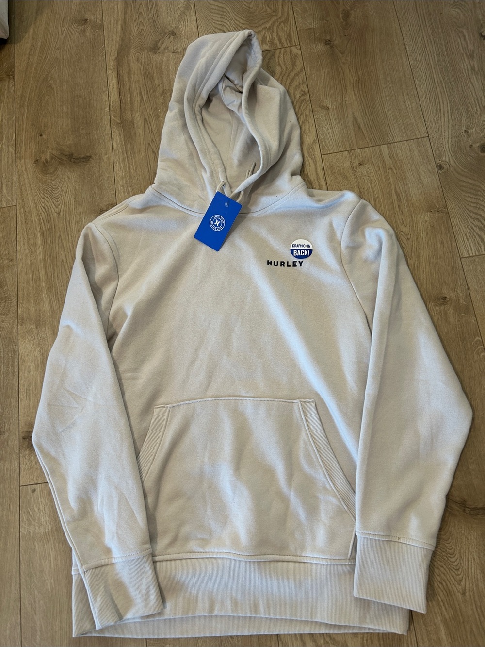 Hurley Beige Hoodie with Kangaroo pockets Palm screen print, Medium, NWT